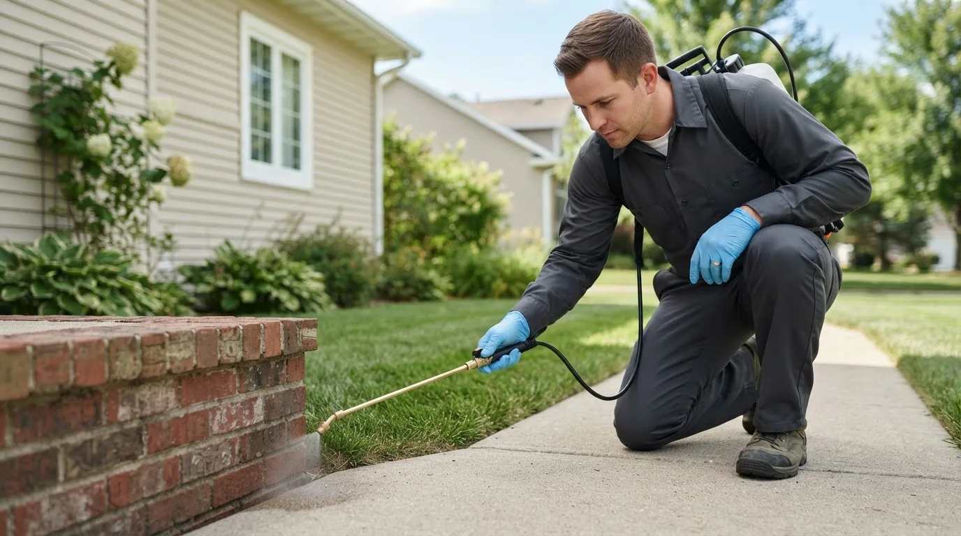 Pest control technician treating a home near Fredonia, KS